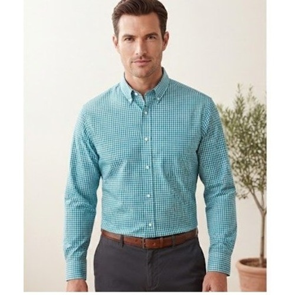 Stafford Travel Wrinkle-Free Oxford Mens Size 17.5 Teal Button-Down‎ Fabric